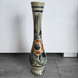 Vintage Tonala PJ Mexico Pottery Floral Glazed Tall Vase Signed